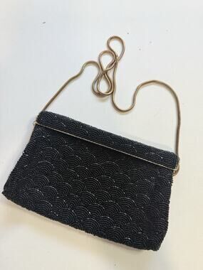 Vintage 1960s Walborg Hong Kong Black Beaded Evening Bag Purse Gold Chain